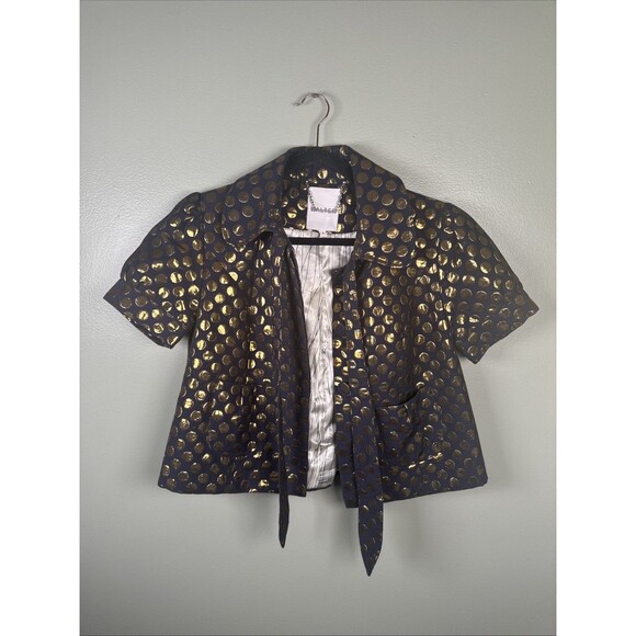 WALTER Cropped Button Tie Blazer Navy With Gold Metallic Polka Dots Women’s Sz 8 - Picture 3 of 11